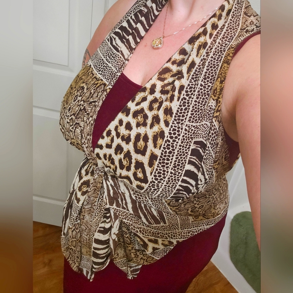 Sax, long open vest duster, mixed animal print